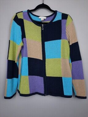 Vintage Y2K Christopher & Banks Colorblock Patchwork Zip Sweater Cardigan Medium